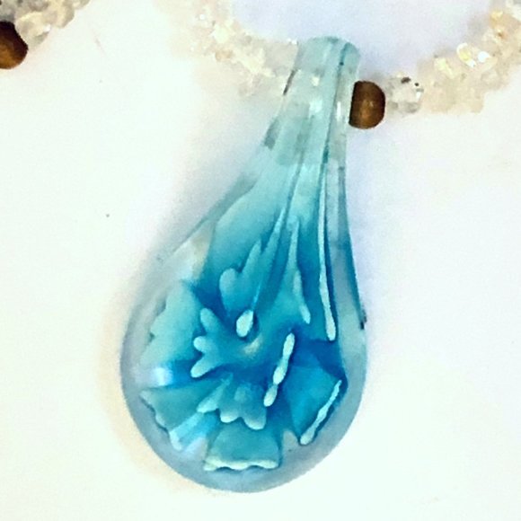 Teal blue Murano glass pendant on glass "rock candy" chain wooden accent beads